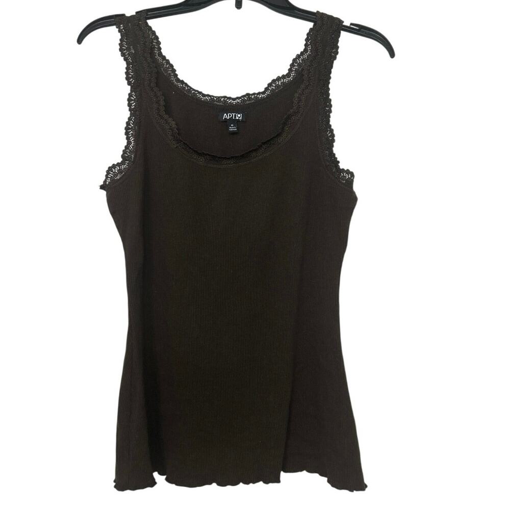 Y2K Brown Ribbed Fitted Lace Trim Tank Top Stretch Cami Lettuce Edge M Layer